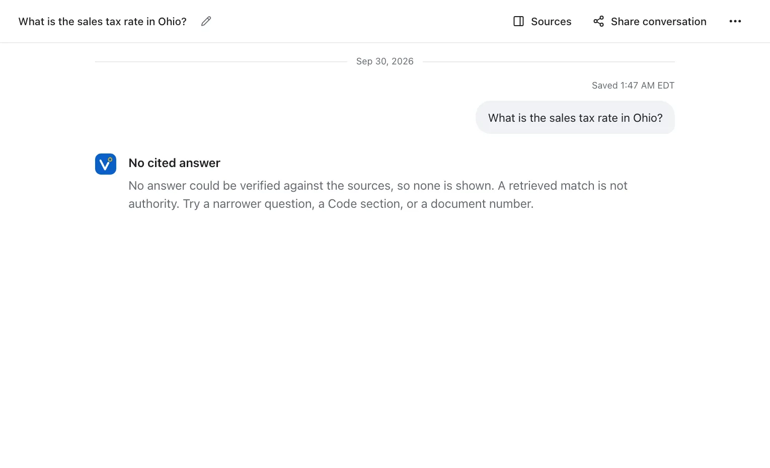 A research question the library cannot support. The workspace answers that no cited answer was found instead of guessing.