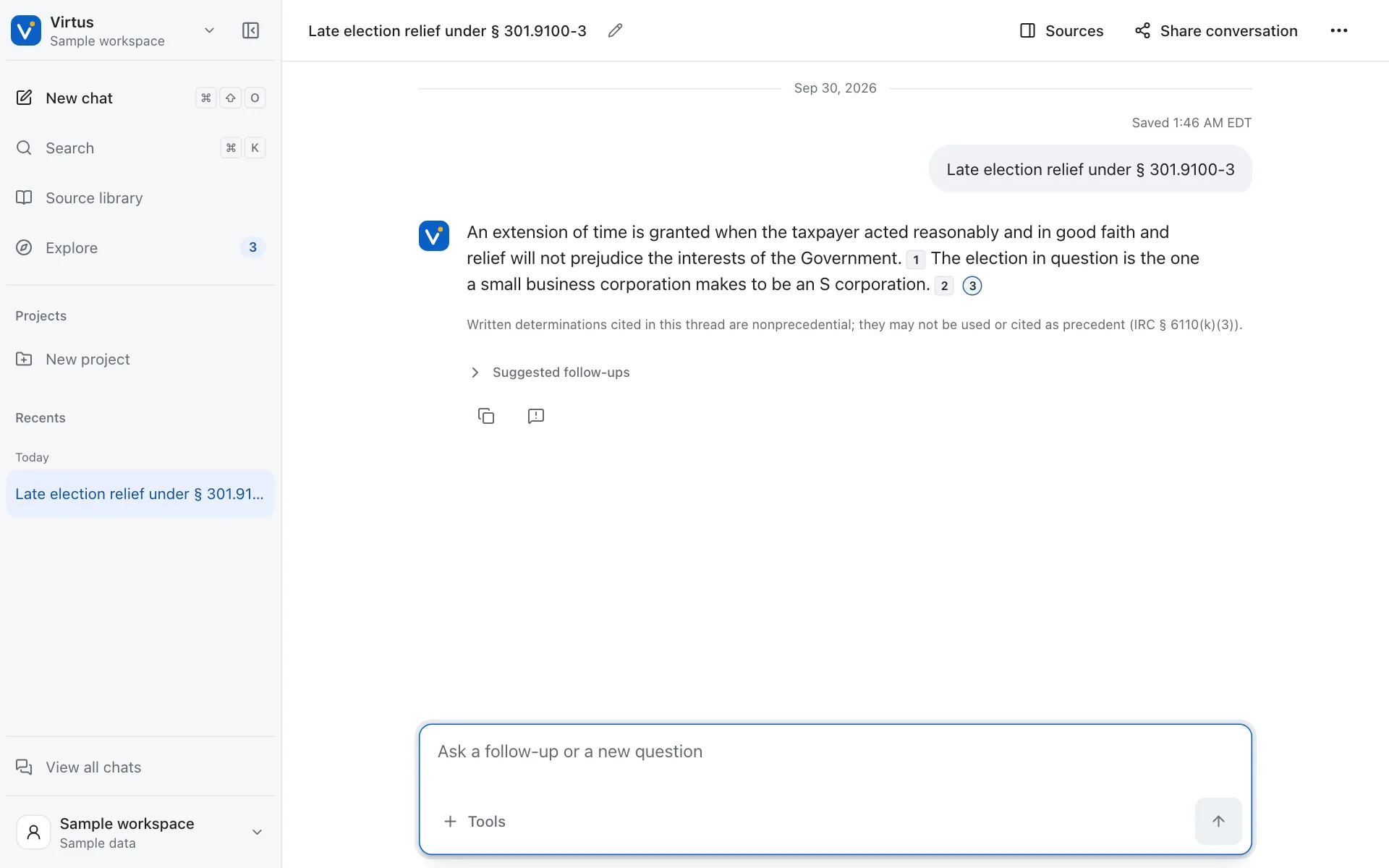 The Counsel conversation in the sample workspace: a research question, a source-linked answer with numbered citations, and the composer for a follow-up.