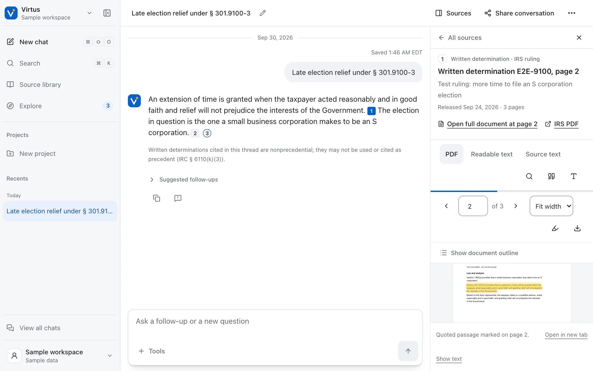 A citation opened beside the conversation in the sample workspace, showing the quoted passage, its page and the ruling’s status.