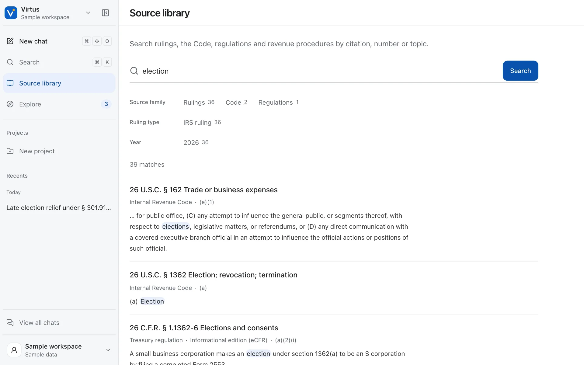 The Source library in the sample workspace, listing results for a search with each document’s publisher and status.