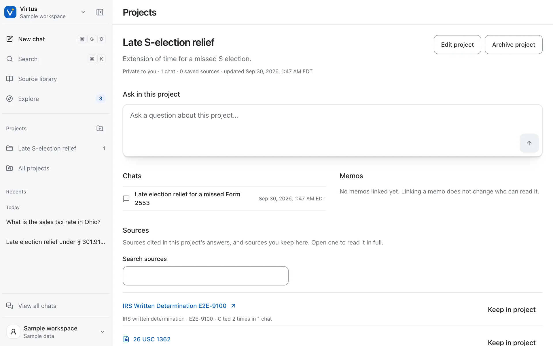 A private project in the sample workspace with a saved conversation and the sources it used.